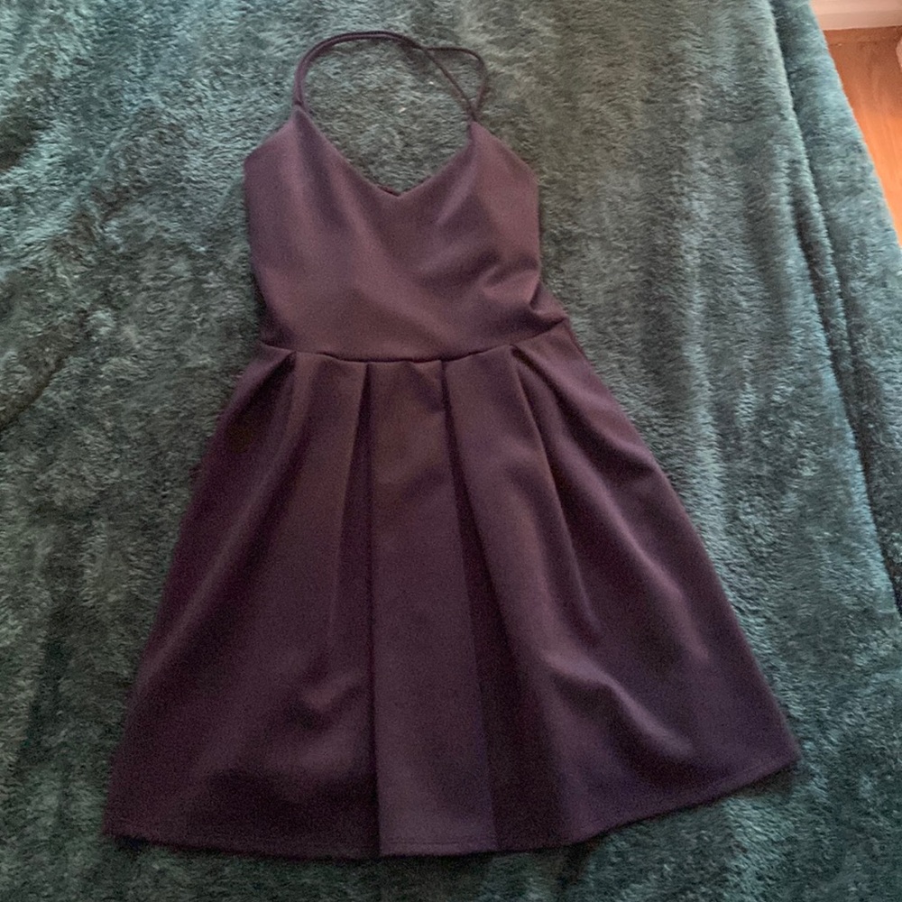 Navy blue flowy dress. shows back/ not completely backless